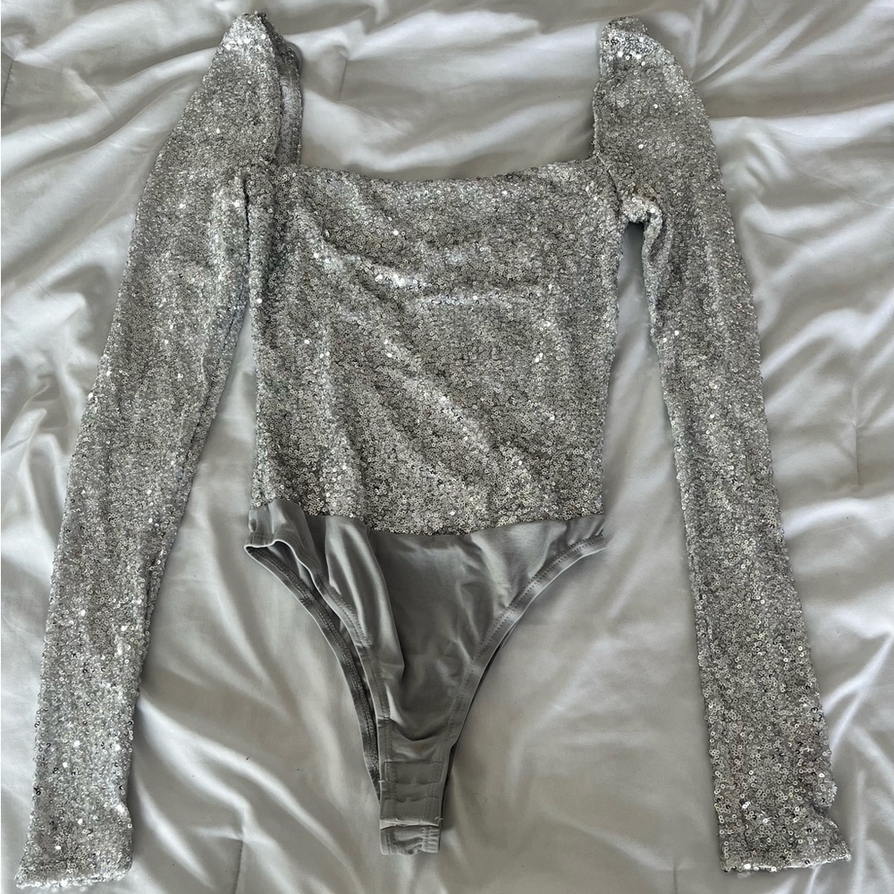 Silver Sequin Bodysuit Long Sleeve Square Neck
